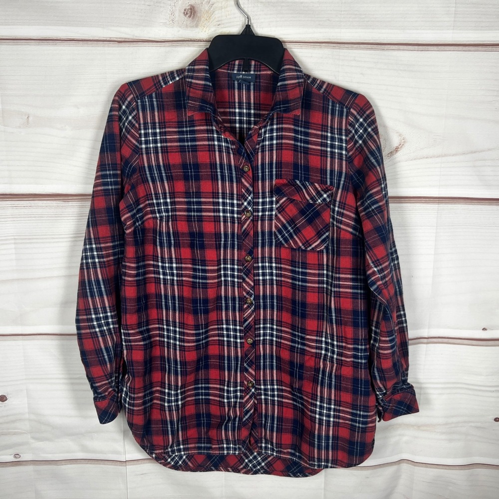 J.Jill Denim Plaid Shirt Womens XS Red Long Sleeve Button Down Top Long Sleeve